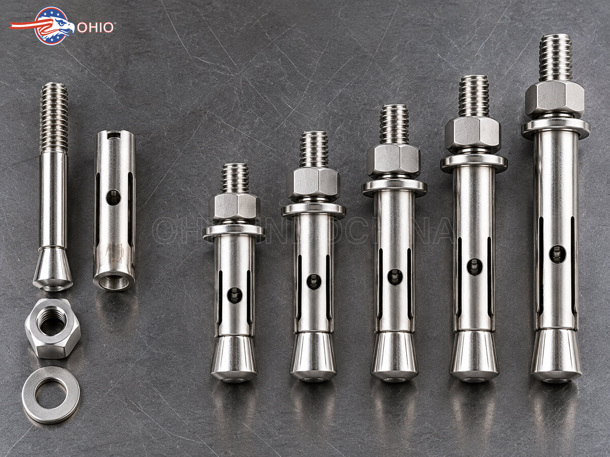 Cấu tạo tắc kê nở inox gồm thân bu lông, áo nở, đai ốc và lông đền