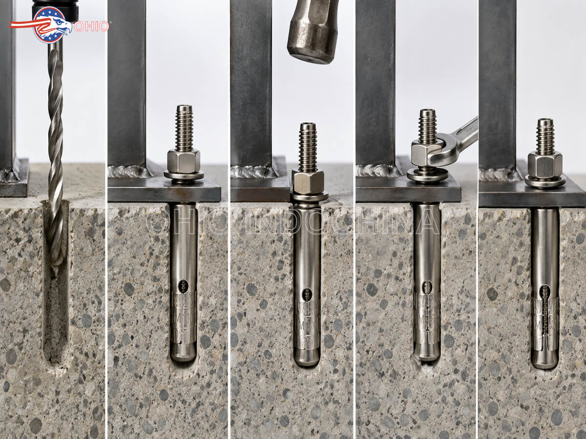 Lắp đặt tắc kê nở inox vào nền bê tông