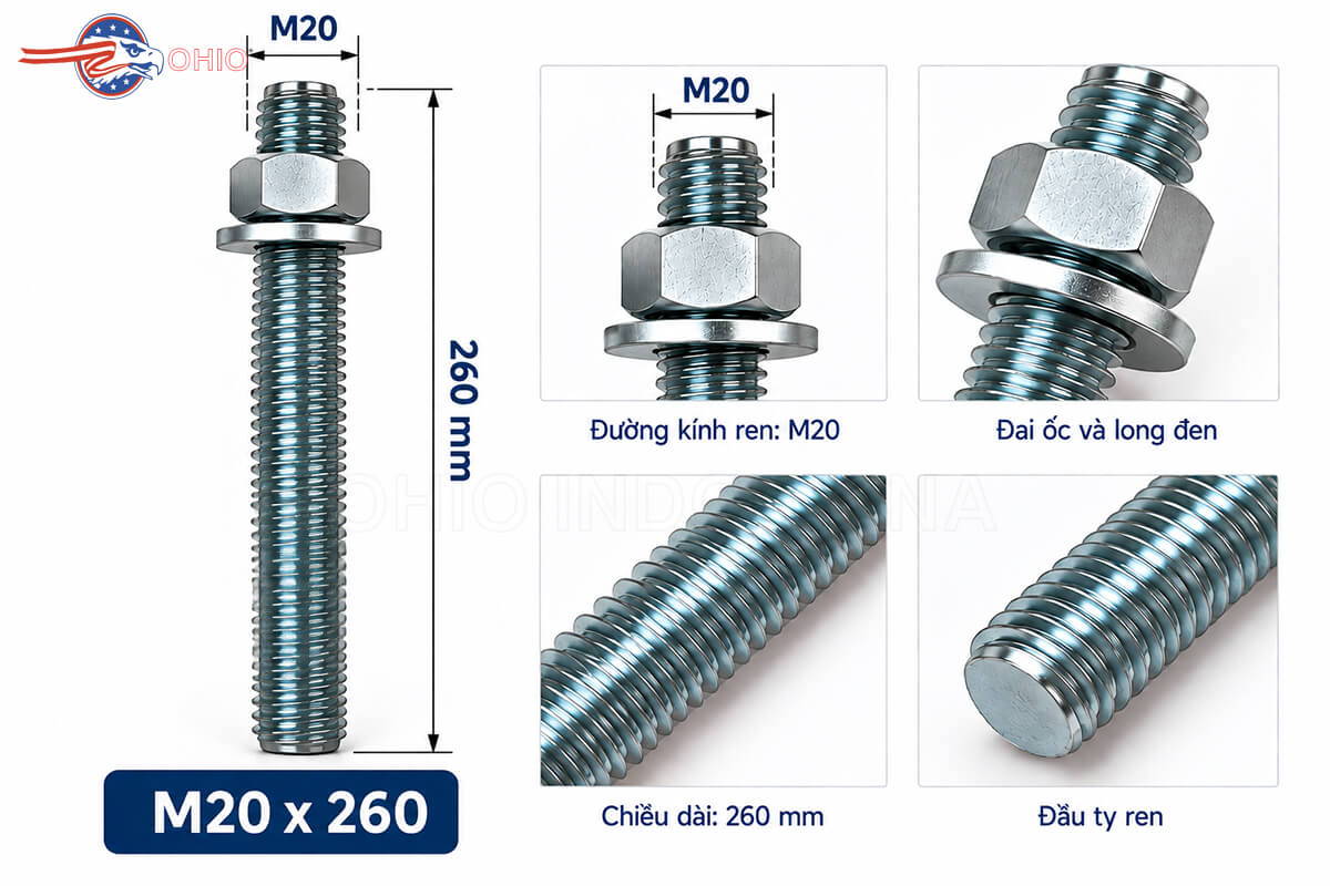 Quy cách bu lông hóa chất M20x260